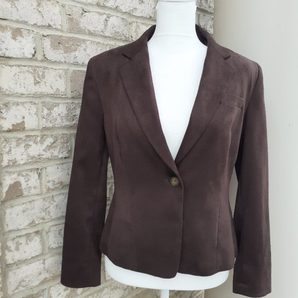 Kate Hill Chocolate Brown Faux Suede Blazer 6 Petite - Picture 1 of 8